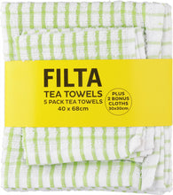Load image into Gallery viewer, FILTA COTTON TEA TOWELS X 5 (40CM X 68CM) + 2 DISH CLOTHS (30CM X 30CM) GREEN 7PK