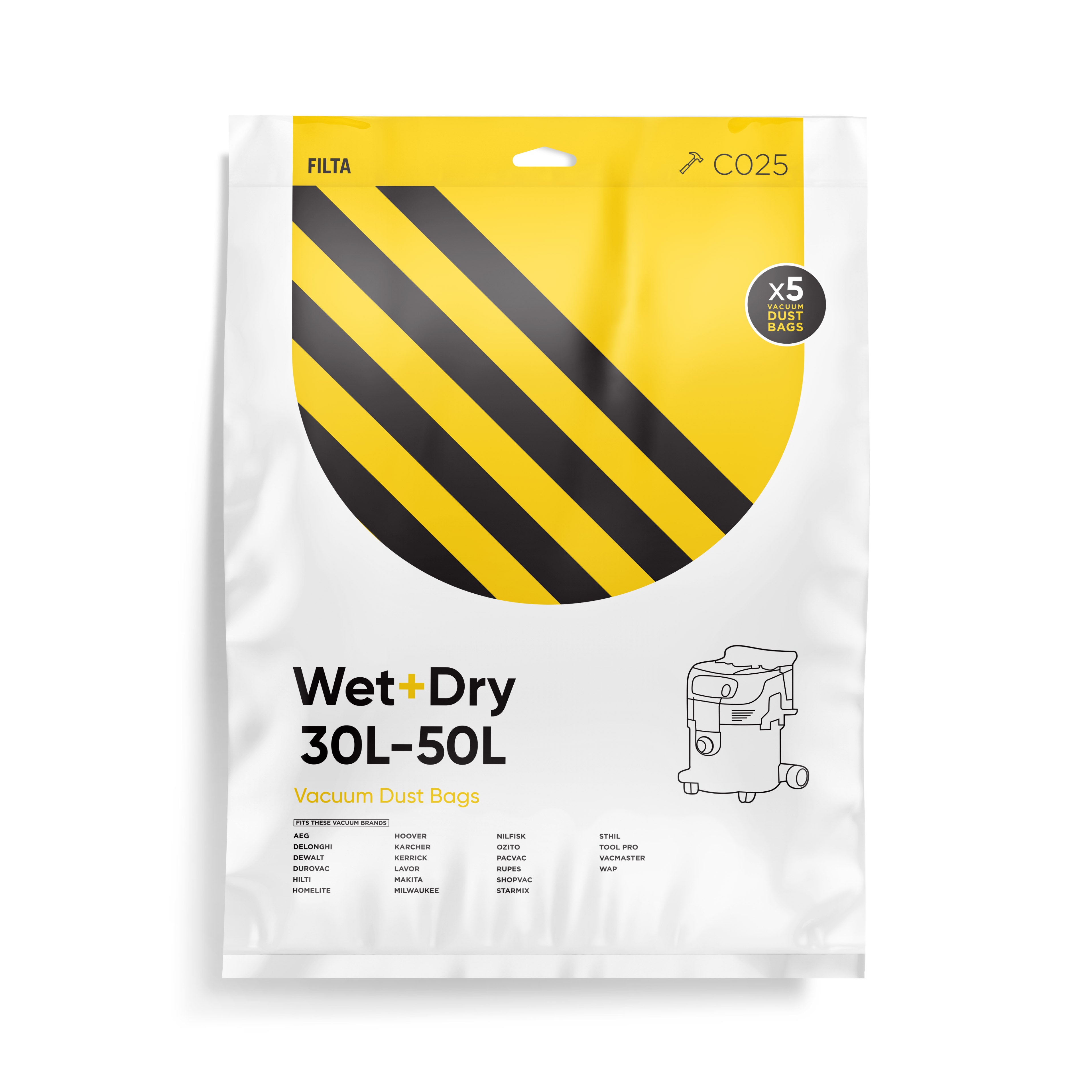 FILTA WET & DRY 50LT SMS MULTI LAYERED VACUUM CLEANER BAGS 5 PACK (C025)