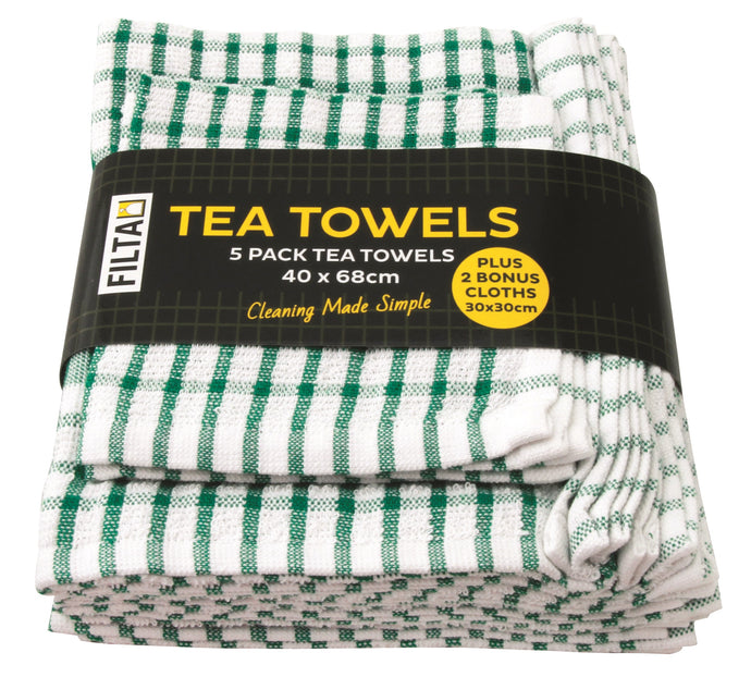 FILTA COTTON TEA TOWELS X 5 (40CM X 68CM) + 2 DISH CLOTHS (30CM X 30CM) GREEN 7PK